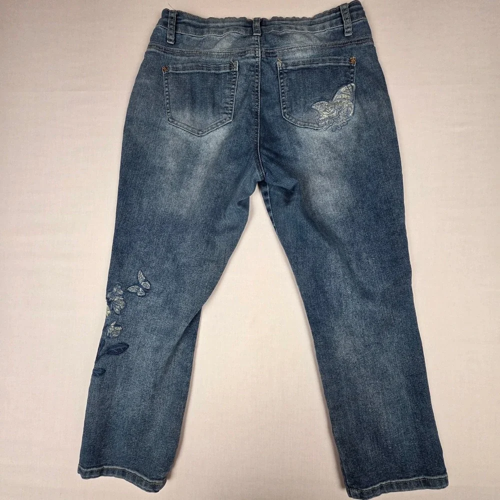 GG Jeans Embroidered Butterfly Cropped Jeans Womens 8 Blue Denim Cotton